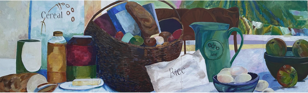 Cereal, rice and other foods in a painting with ECHO logo